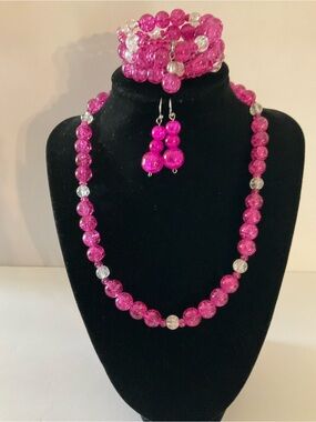 Hand Crafted Hot Pink Crackle Glass Necklace, Bracelet & Earrings Set